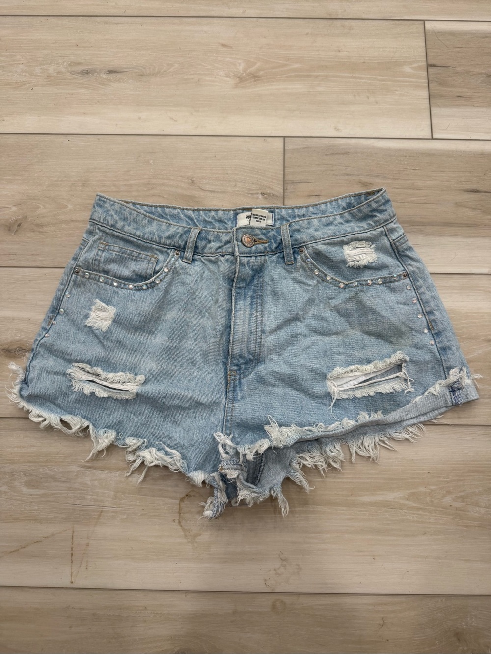 Forever 21 Rhinestone Embellished Distressed Denim Cutoff Shorts - Size 28